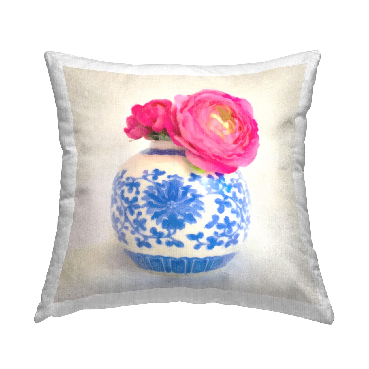 Pink & Blue Floral Vase Design by GraffiTee Studios Throw Pillow